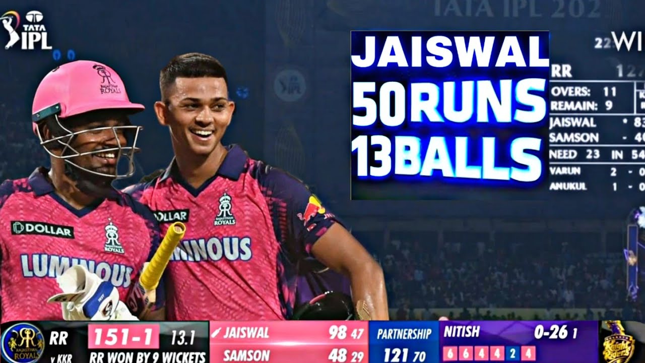 Yashasvi Jaiswal fastest fifty in IPL 50 Runs in 13 Ball Highlights, RR VS KKR Full Highlights