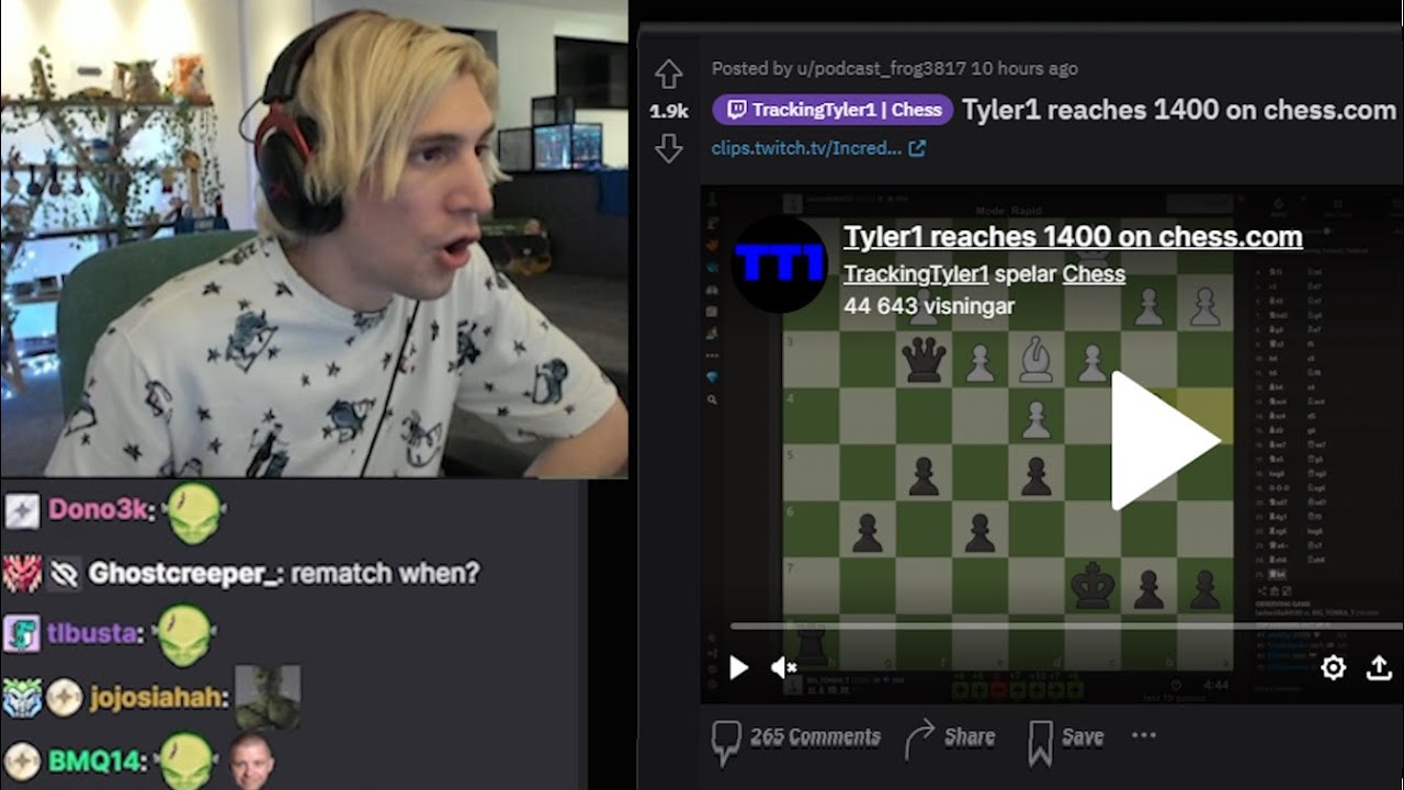 xQc Reacts to Tyler1 Reaching 1400 on Chess
